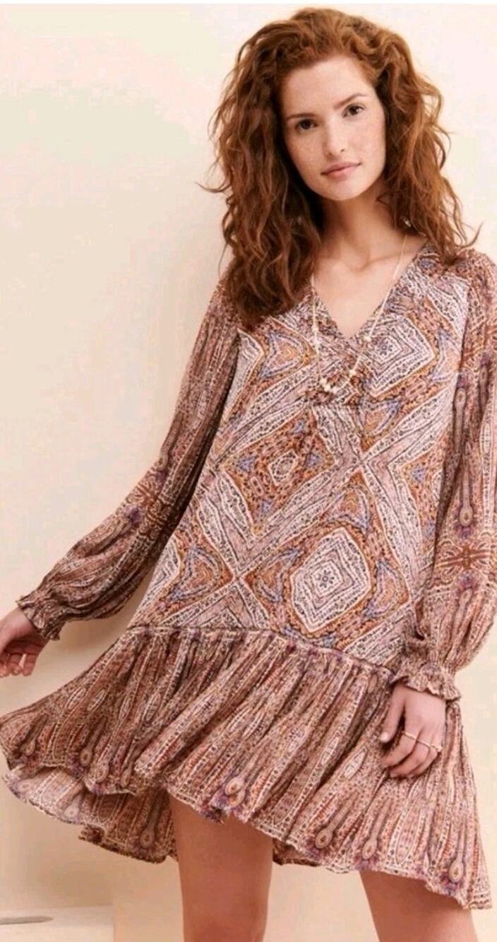 Anthropologie Sabia Flounced Tunic Dress XSmall Brown Multi V Neck Pockets Lined